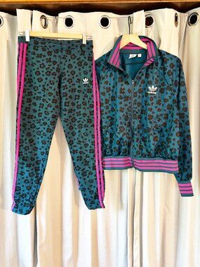 adidas Track Set, Teal and Black leopard with pink trim